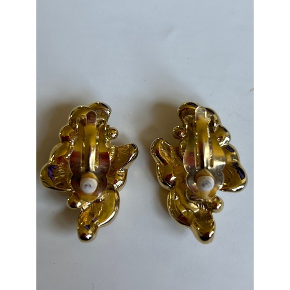 Vintage Gold Earrings Leaf Design with Pearls Zirconia clip on - Picture 7 of 7